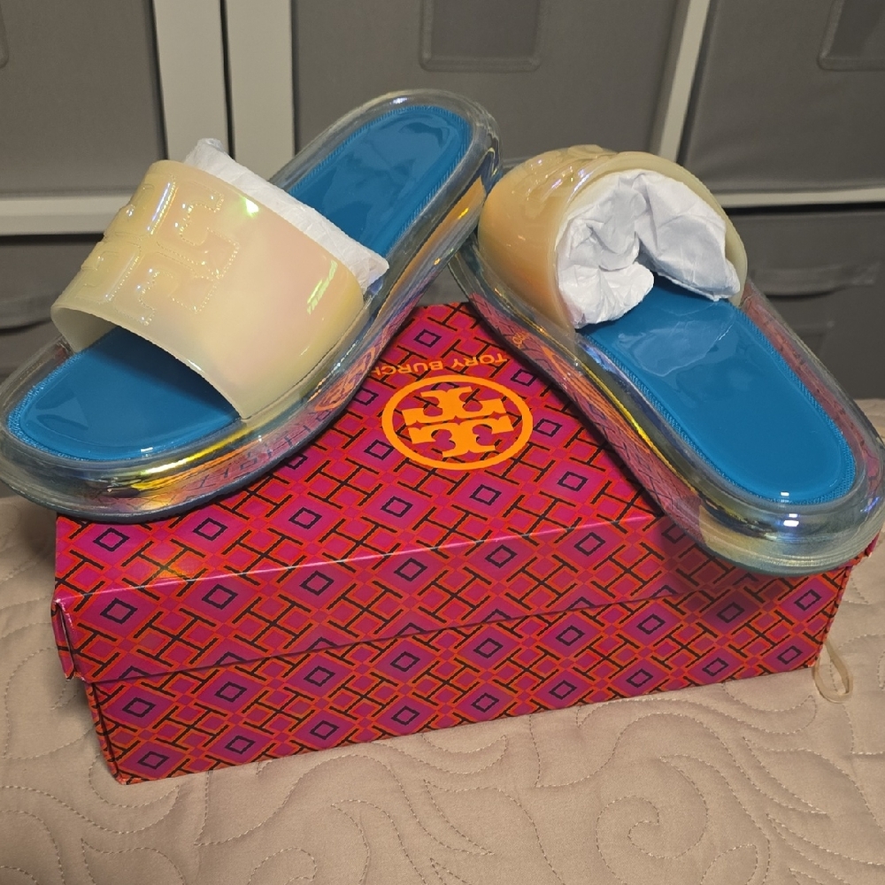 Tory Burch Iridescent Slides with Blue Footbed